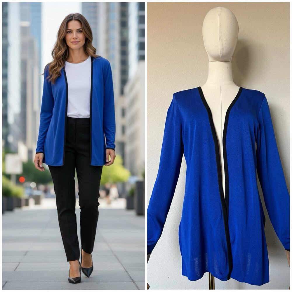 Exclusively Misook Cardigan Size XS Petite Blue Black Trim Classic Acrylic Knit